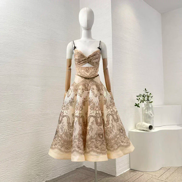 Elegant Floral Print Linen Silk Cut Out Strapless Midi Dress for Women
